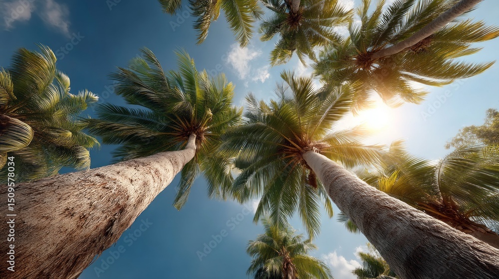 Poster tall palm trees display vibrant green leaves against a deep blue sky, illuminated by the sun. their 