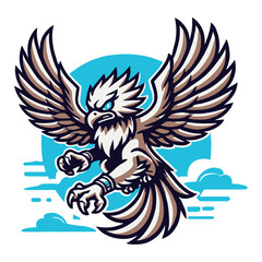 Fierce Eagle Garuda Mascot with Open Wings Against a Sky Blue Background Illustration