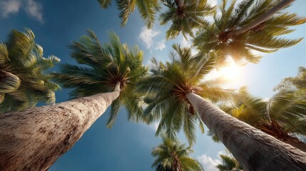 Tall palm trees display vibrant green leaves against a deep blue sky, illuminated by the sun. Their trunks stretch upward, creating a tropical atmosphere on a clear day