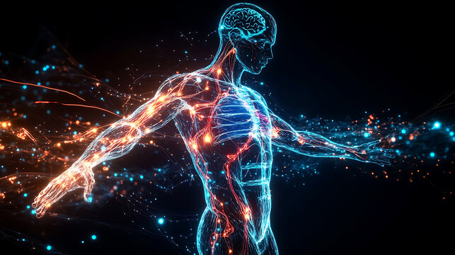 Human Body with Illuminated Nervous and Circulatory Systems