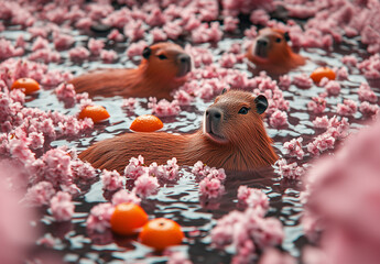 Three cute capybaras relax in a dreamy, pink-hued hot bath filled with cherry blossoms and tangerines. Calm expressions and the whimsical setting create a serene and surreal image.