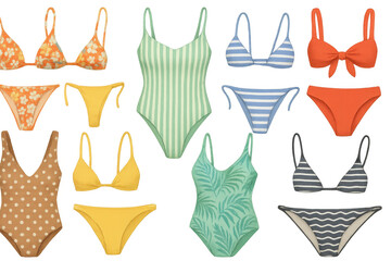 Various colorful swimsuits and bikinis displayed on a transparent background, offering a wide selection of styles for summer fashion