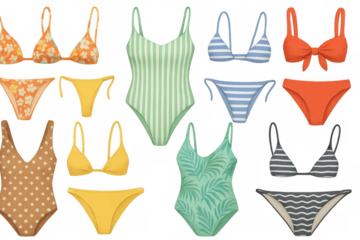 Various colorful swimsuits and bikinis displayed on a transparent background, offering a wide selection of styles for summer fashion