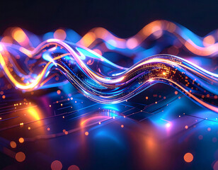 Digital Waveform: Abstract high-tech image of a digital waveform, electric lines with glowing effect, symbolizes data flow and modern technology, vibrant background.