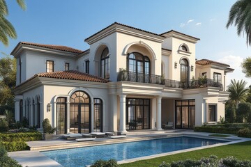 Elegant two-story house with a swimming pool.