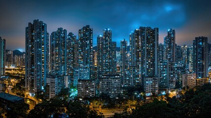 Obraz premium Cityscape at twilight, illuminated high-rise buildings.