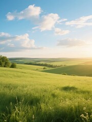Obraz premium Sunlit Rolling Hills with Lush Green Grass and Scattered Trees Under a Blue Sky