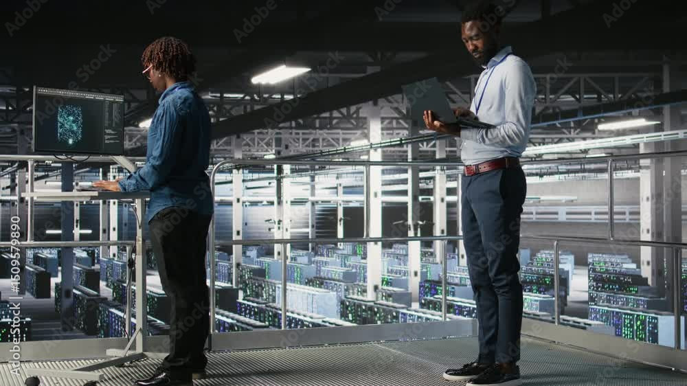 Poster system administrators in data center using laptop to monitor neural network llm visualization. serve