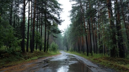 Fototapeta premium Serene Forest Road After Rain A Tranquil Pine Forest Scene