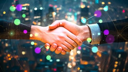 Business handshake over cityscape, digital connections - Powered by Adobe