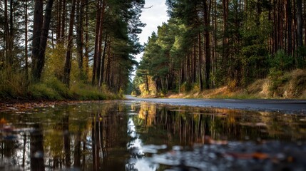 Obraz premium Scenic Road Through Pine Forest with River Reflection