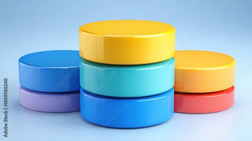 Poster organized stack of colorful plastic containers forming spiral layout representing structure and crea