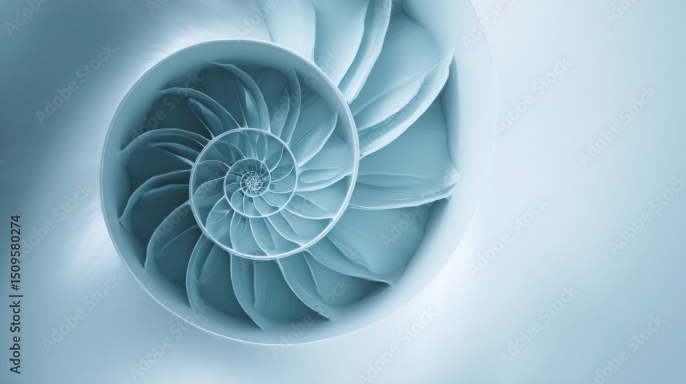 Poster striking blue spiral design representing the concept of fibonacci sequence with artistic flair and m