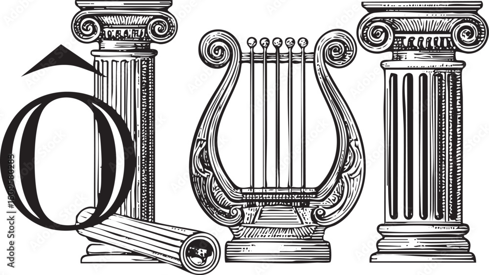 Poster classical instruments stand atop ornate columns in a monochrome scene.