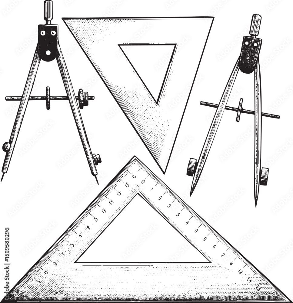 Aufkleber three precision instruments – a compass protractor and ruler – are arranged in a linear composition.