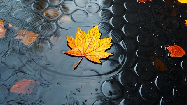 Autumn leaf on rippled puddle, fallen leaves, textured ground, tranquil scene