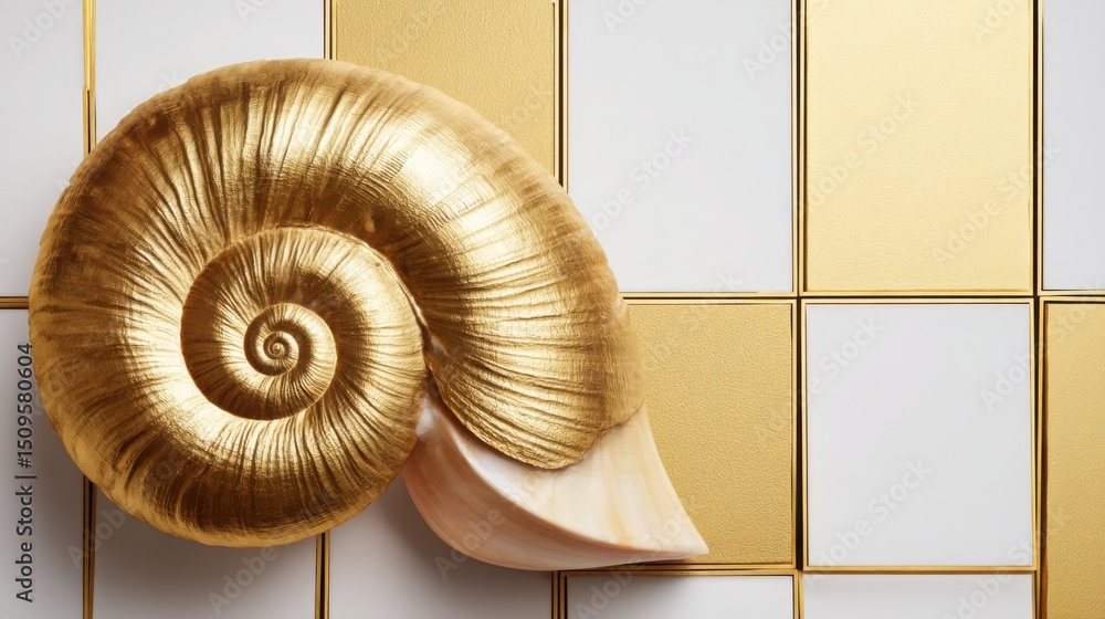 Poster stunning gold ram on a white and gold tiled wall with fibonacci spiral capital web conceptual elemen