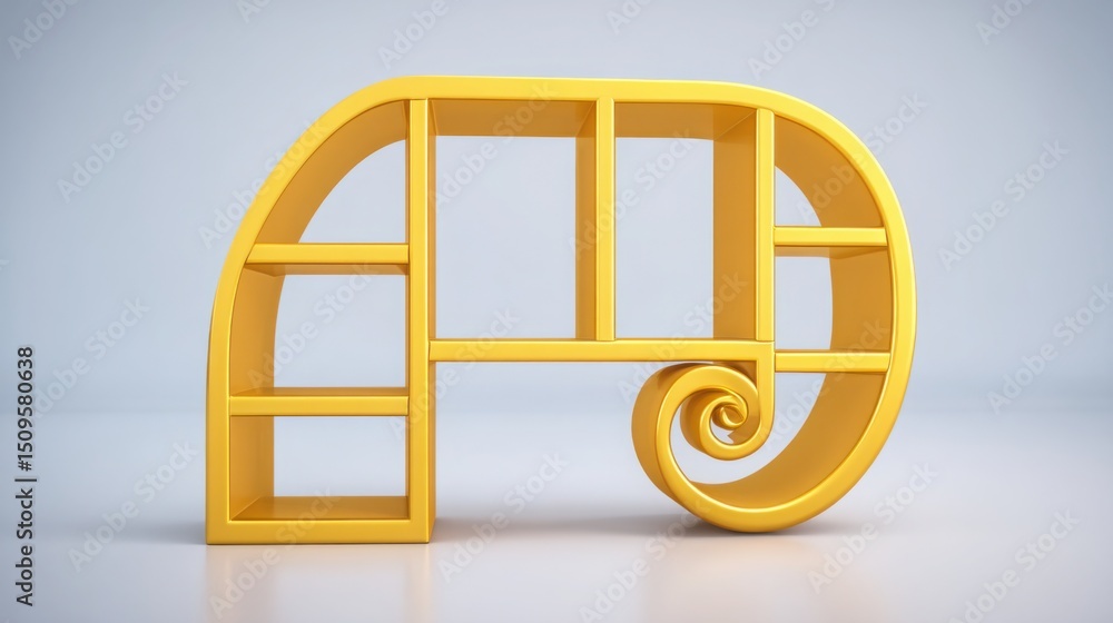 Poster bright yellow bookcase with fibonacci spiral capital web conceptual design element captured in a mod