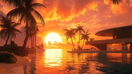 Sunset view of a modern tropical house on an island.