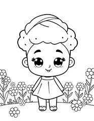 Sweet Cartoon Girl in Headwrap Standing Amid Flowers for Juneteenth Coloring Page