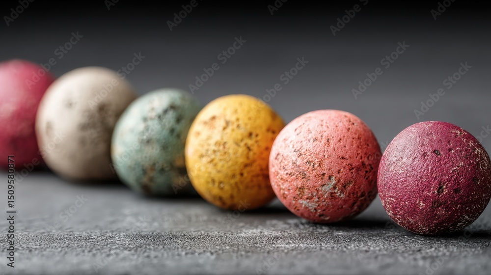 Poster row of colored eggs arranged neatly representing finalize timeline icon concept for confirming proje