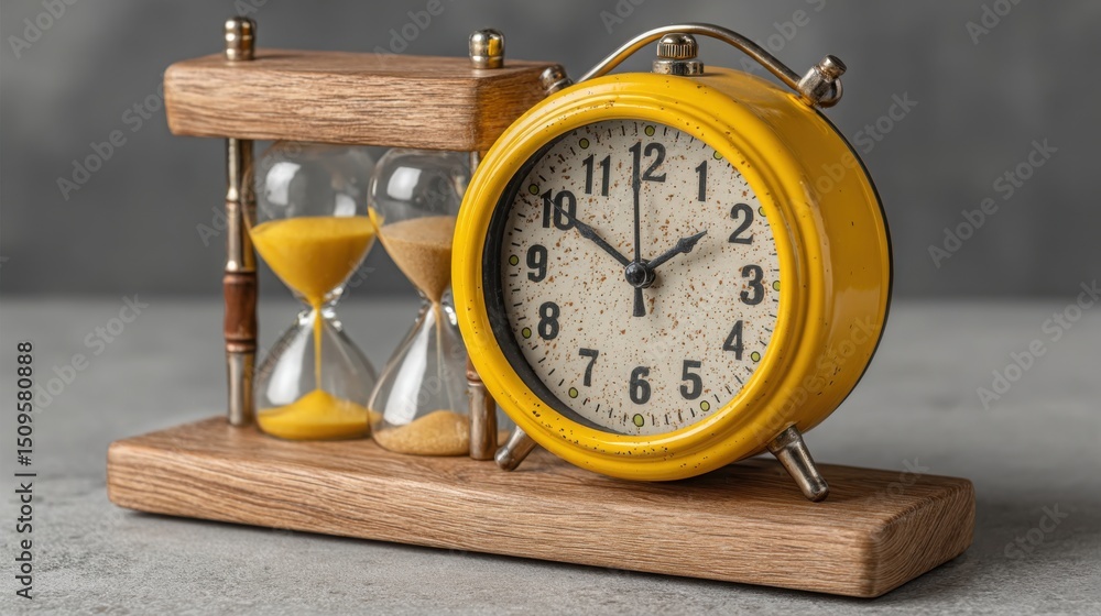 Poster yellow clock on a wooden stand symbolizing finalize timeline icon concept for confirming project dea
