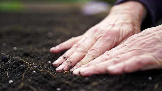 Aged Hands Carefully Planting Seeds into Rich Soil for New Life to Emerge