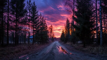 Obraz premium Vibrant Sunset over Pine Forest Road