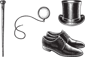 Vintage black and white depicts a walking cane spectacles top hat and shoes.
