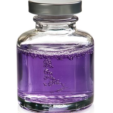Enchanting elixir in a glass bottle with purple liquid and bubbles isolated