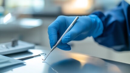 Fototapeta premium Dentists gloved hand using a stainless steel probe to examine a patients teeth with a blurred clinic background emphasizing precision and care