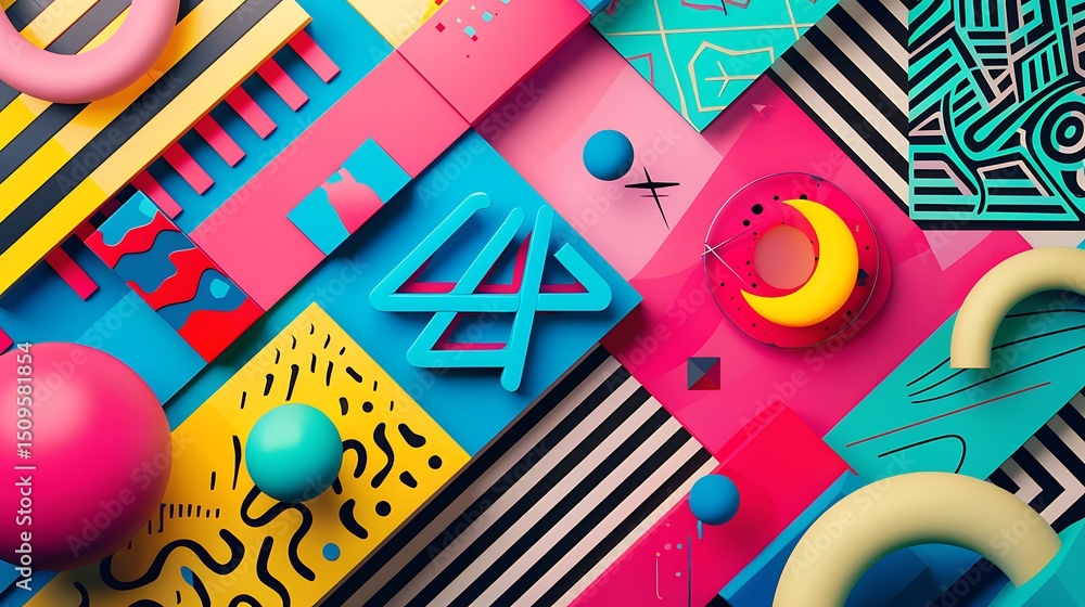 Poster colorful abstract geometric shapes and patterns create a vibrant background