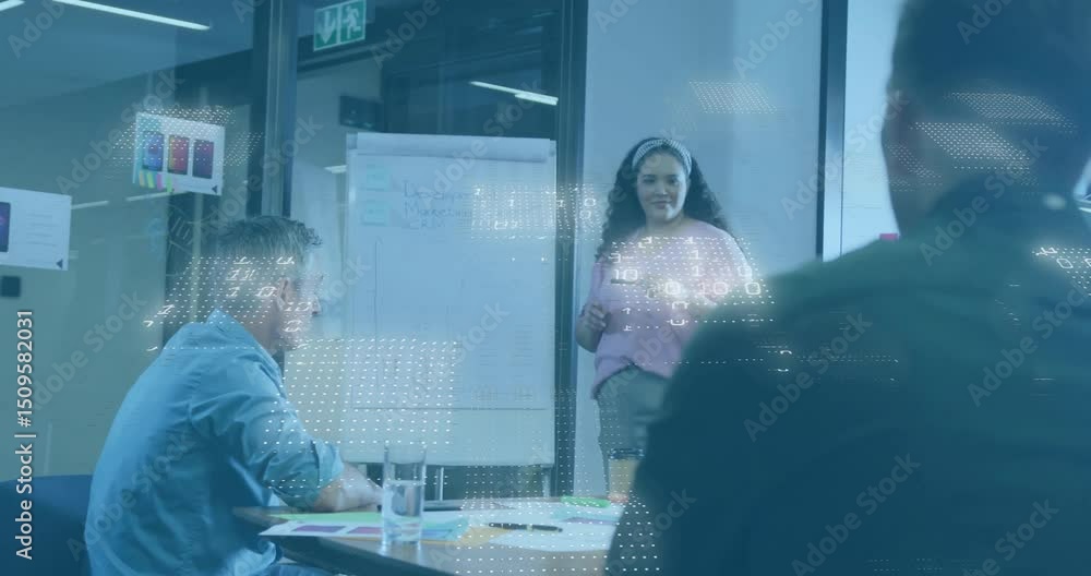 Poster Presenter gesturing at flipchart during business talk, generating streaming binary data overlay