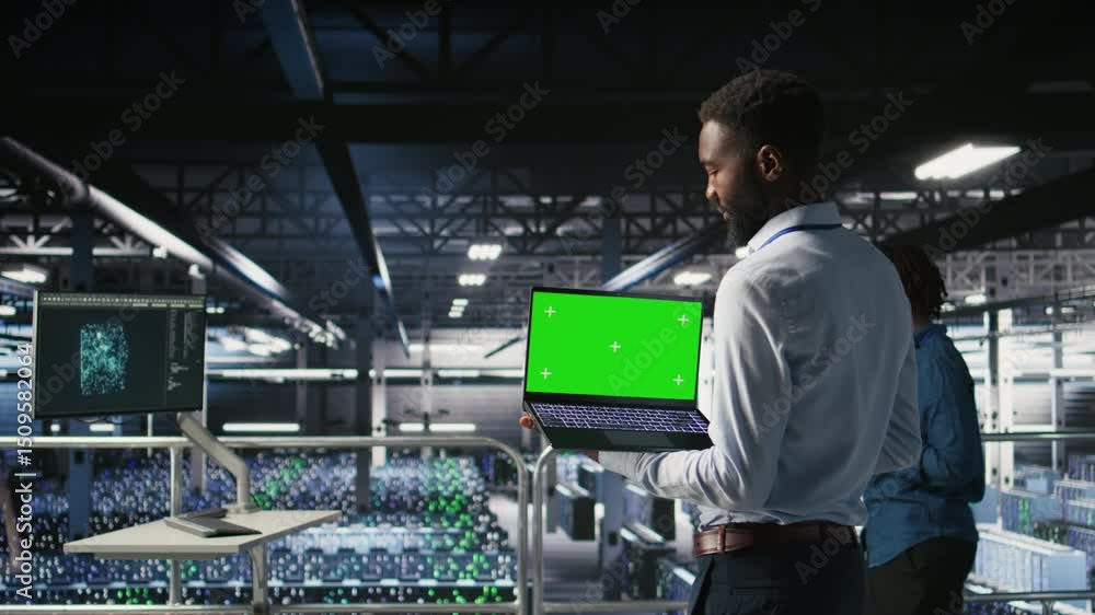 Poster data center programmers on industrial platform using green screen laptop, collaborating on tasks. se