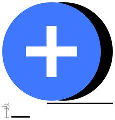 Obraz premium Blue circle with white plus sign, black shadow behind, wind turbine icon, and minimal lines. Ideal for healthcare, technology, positivity, sustainability, innovation energy simple landing page