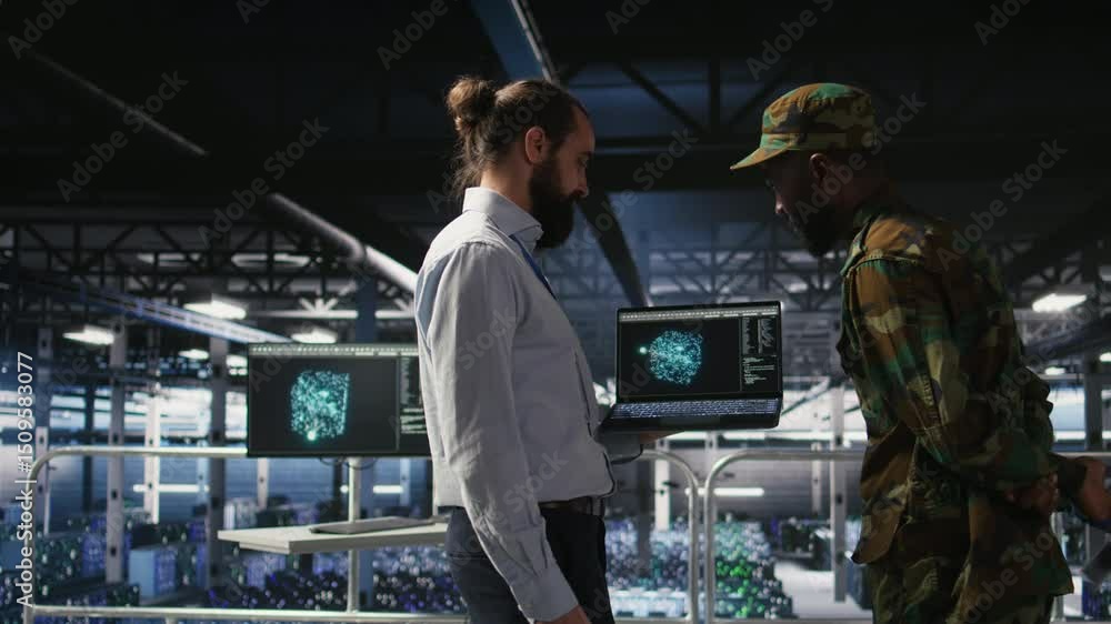 Poster military operator and it expert in army data center using ai on laptop to manage autonomous defense 