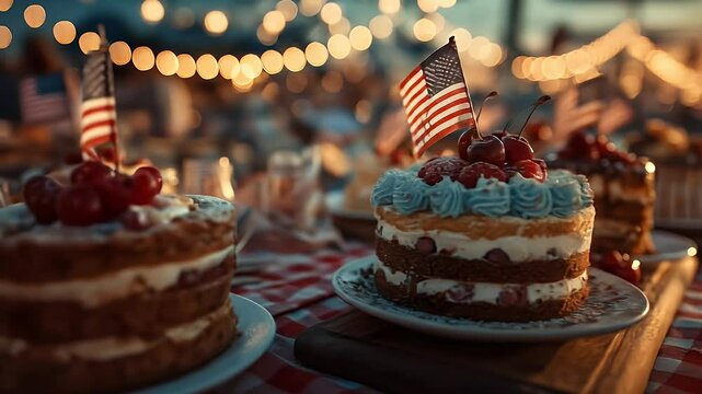 Delicious layered cakes with cherries at festive outdoor gathering