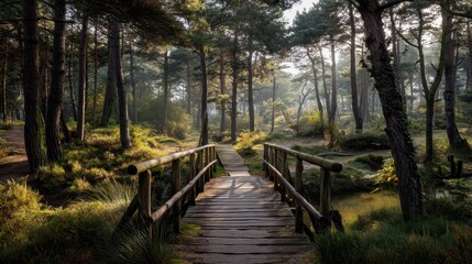 Obraz premium Serene Path Through Pine Forest to Wooden Bridge