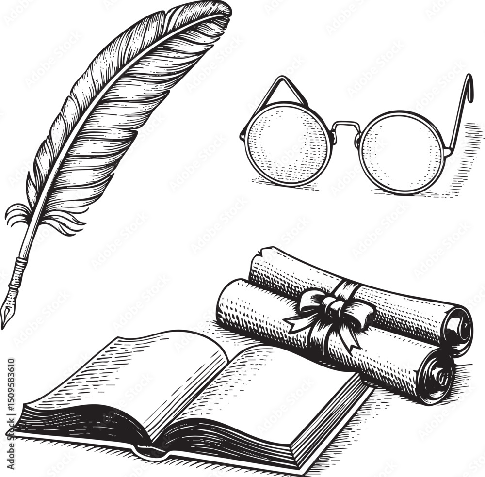 Poster detailed features a quill spectacles and an open book with rolled parchment.