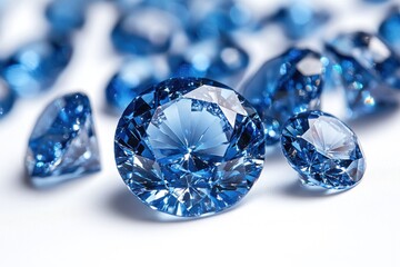 Close-up view of brilliant, blue gemstones on a white background.