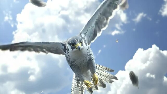 A peregrine falcon soars through the sky surrounded by scattered feathers with clouds in the background.