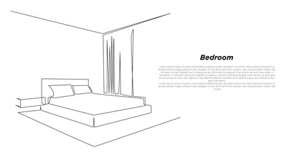 Bedroom Interior Vector Illustration, Minimalist One Line Drawing.