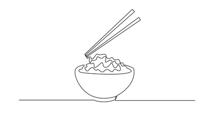 Noodle Bowl with Chopsticks, One Line Drawing, Isolated on White Background