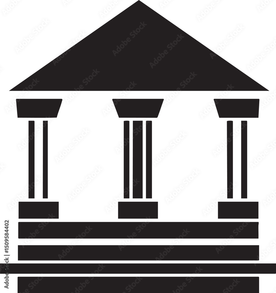 Poster simple black and white depicts a building with three classical columns.
