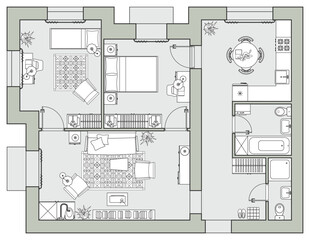 Floor plan of apartments in top view. Layout of the cottage. A project with the arrangement of furniture. Vector