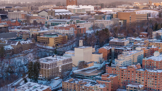 Ithaca, New York USA - November 3, 2024: Afternoon aerial autumn image of the area surrounding Ithaca, NY,.