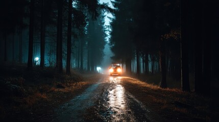 Obraz premium Night Drive Through Misty Pine Forest Headlights Illuminating the Path