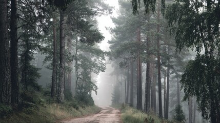 Obraz premium Misty Forest Road Serene Morning Fog in Pine Trees