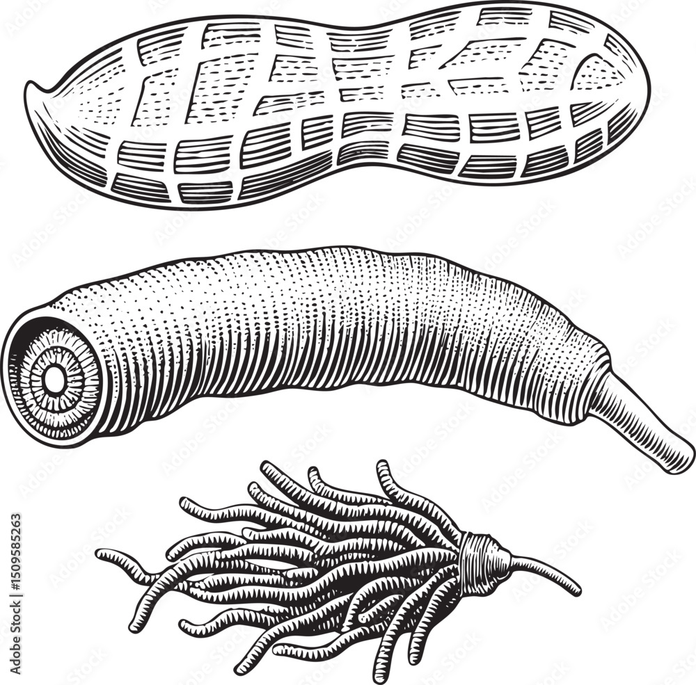 Poster three segmented worms exhibit intricate and textures.