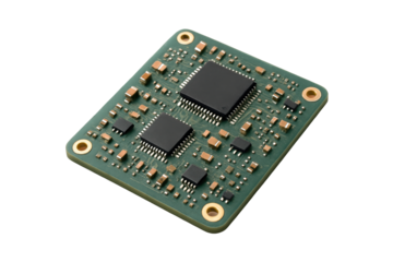 3D icon of minimalistic green circuit board with microchips and gold mounting holes. Slightly isometric png cutout isolated on transparent